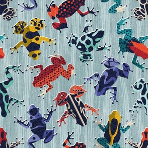 Normal scale // Quirky dart frogs dance // duck egg blue textured background brightly multicoloured poison amphibians