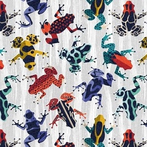 Small scale // Quirky dart frogs dance // grey textured background brightly multicoloured poison amphibians