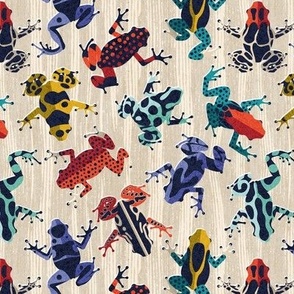 Small scale // Quirky dart frogs dance // ivory textured background brightly multicoloured poison amphibians