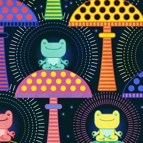 Yogi Froggy Large Scale- Meditating Frogs- Magical Mushrooms- Bioluminescent Frog- Fireflies- Rainbow Colors- Home Decor- Wallpaper