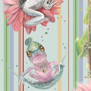 Watercolor Illustrations of Friendly Frogs on Striped Background