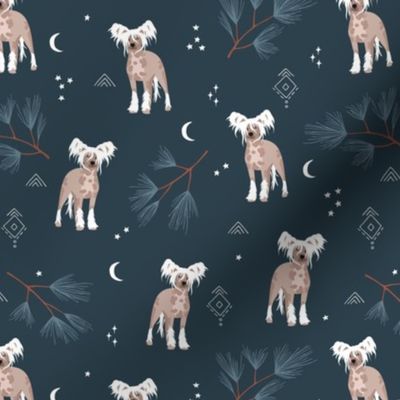 Adorable winter powderpuff puppy garden Chinese Crested dog with pine needle branches moon and stars boho night on midnight blue navy