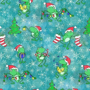 A Very Frog-gy Christmas -- Cute Christmas Frogs over Aqua -- 339dpi (44% of Full Scale)