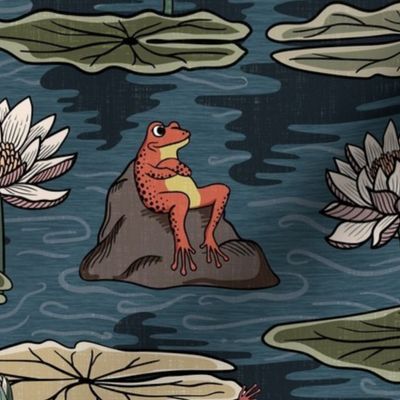 Quirky orange frogs dancing in the moonlight, on lily pads, water lilies, lotus flowers - green, teal - large