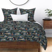 Quirky orange frogs dancing in the moonlight, on lily pads, water lilies, lotus flowers - green, teal - large