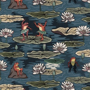 Quirky orange frogs dancing in the moonlight, on lily pads, water lilies, lotus flowers - green, teal - large