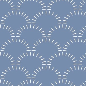 Sunny / medium scale / beige on blue playful scallop design with stripes