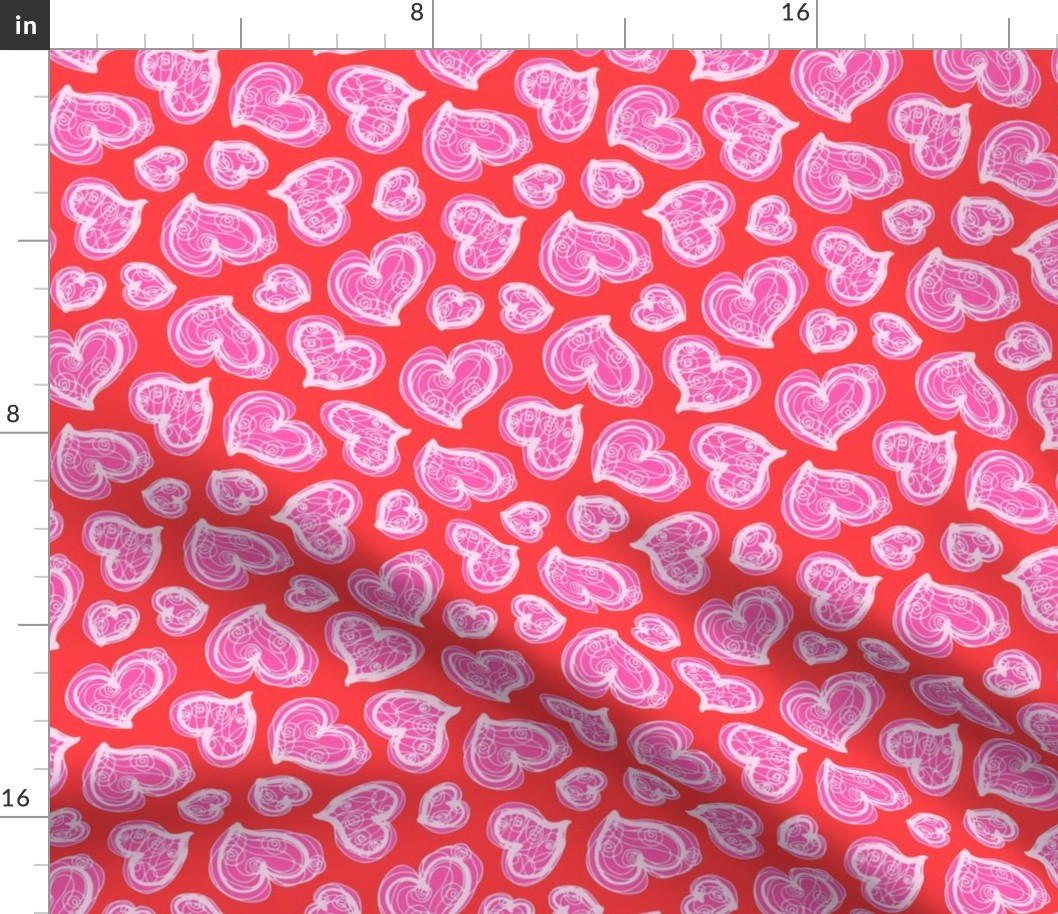 Lovecore Scribble Hearts Valentines Kitsch Love in Fuchsia Hot Pink on Red - SMALL Scale - UnBlink Studio by Jackie Tahara