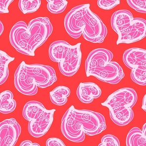 Lovecore Scribble Hearts Valentines Kitsch Love in Fuchsia Hot Pink on Red - MEDIUM Scale - UnBlink Studio by Jackie Tahara