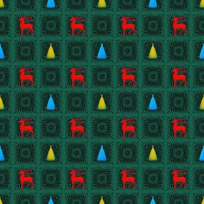 Christmas Reindeer and Trees on Velvet Green Squares 