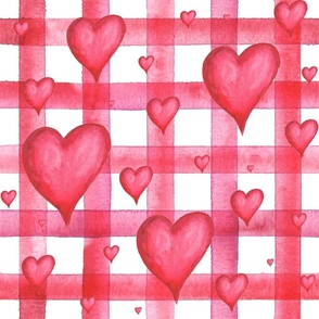 Watercolor red hearts on red plaid stripes pattern
