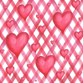 Watercolor red hearts on red plaid stripes pattern