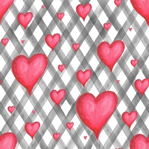 Watercolor red hearts on grey plaid stripes pattern