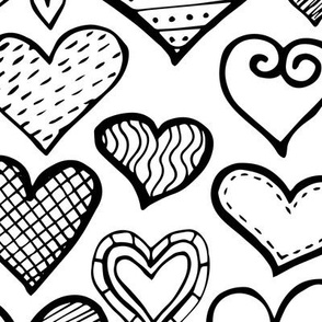 Doodle valentine hearts - black and white - large