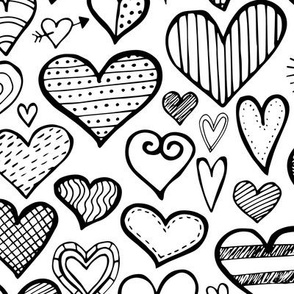 Doodle valentine hearts - black and white-medium