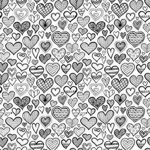 Doodle valentine hearts - black and white-tiny