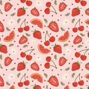 Strawberries, cherries, grapefruits Berries pink and red on light pink background 