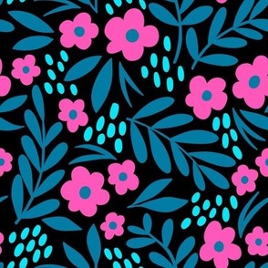 PInk Floral pattern with leaves, stalks and spots