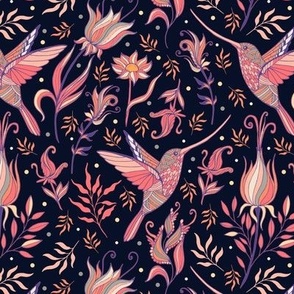 Hummingbirds and flowers. Blue and pink