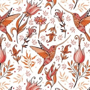 Hummingbirds and flowers. Pink and white