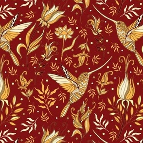 Hummingbirds and flowers. Gold and red