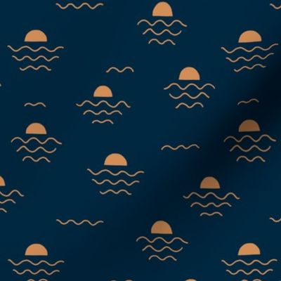 Minimalist boho style sunset and waves abstract ocean design freehand strokes golden navy blue 
