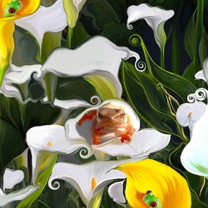 A fantasy of Frogs in a swirl of Arum lilies. 