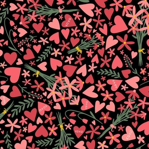 Hearts and Flowers - Valentines - black - medium
