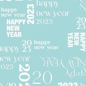 Happy New Year basic typography design 2023 text pattern white on light blue