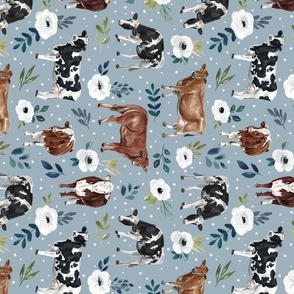 Farmhouse Cows with White Flowers on Blue Gray - Large Rotated