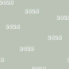Lucky number 2023 happy new year minimalist vintage typography design on white on sage green mist