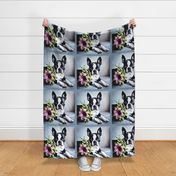 Large print // Boston Terrier dog pink flower gray background 18 inch panel quilt blanket fabric