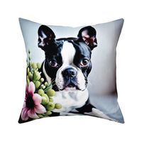 Large print // Boston Terrier dog pink flower gray background 18 inch panel quilt blanket fabric