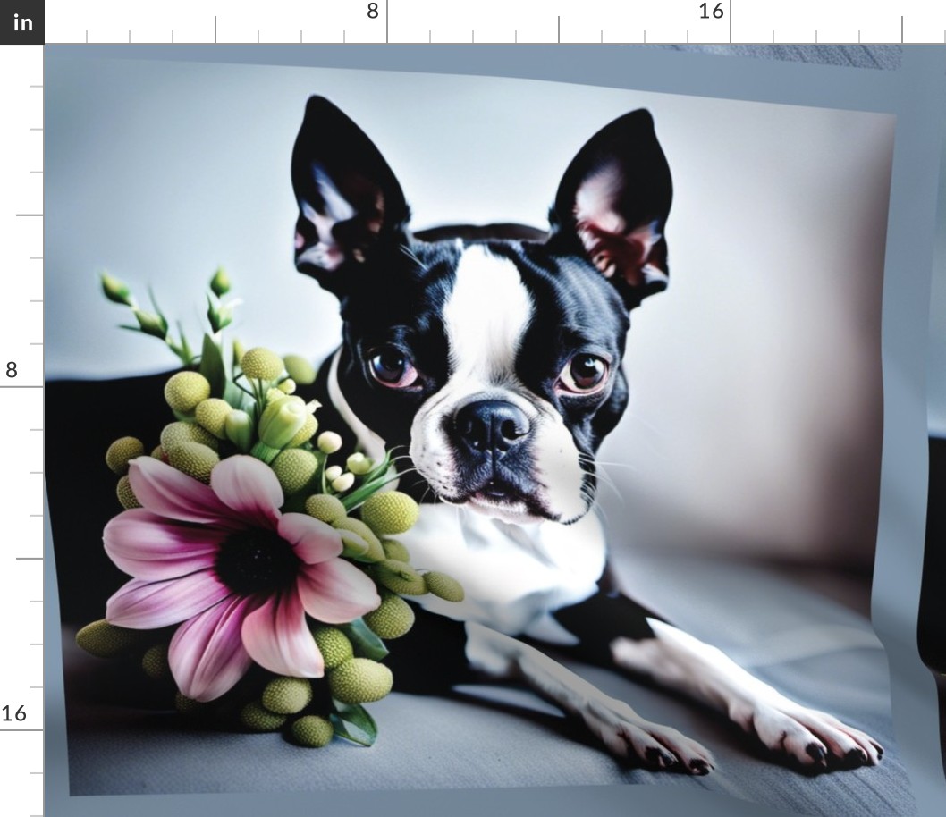 Large print // Boston Terrier dog pink flower gray background 18 inch panel quilt blanket fabric