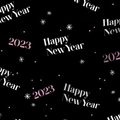 Happy new year 2023 midnight stars and magic white pink on black