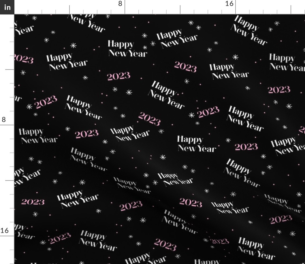 Happy new year 2023 midnight stars and magic white pink on black