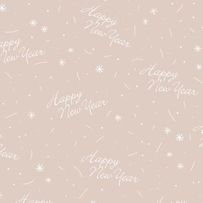 Happy 2023 - Happy new Year minimalist boho style NYE design with confetti and fireworks beige sand