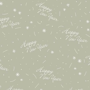 Happy 2023 - Happy new Year minimalist boho style NYE design with confetti and fireworks sage green  