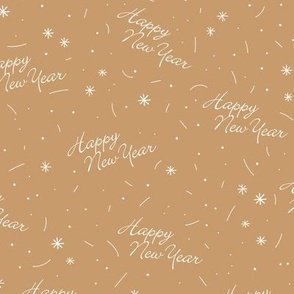 Happy 2023 - Happy new Year minimalist boho style NYE design with confetti and fireworks cinnamon ochre golden yellow