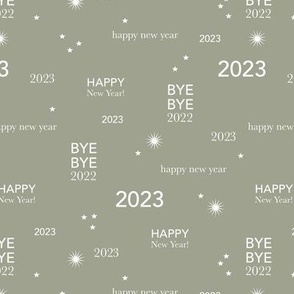Happy new year 2023 - typography abstract minimalist text design white on olive green