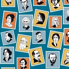 Great writers on stamps (in blue, grey, ochre and terracotta) SMALL SIZE
