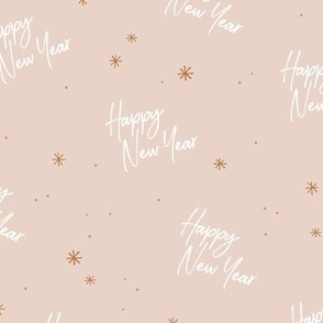 Happy 2023 - Happy New Year celebration modern typography freehand design with stars golden white soft beige sand