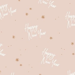 Happy 2024 - Happy New Year celebration modern typography freehand design with stars golden white soft beige sand