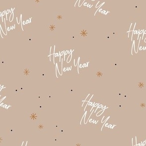 Happy 2023 - Happy New Year celebration modern typography freehand design with stars golden white latte beige