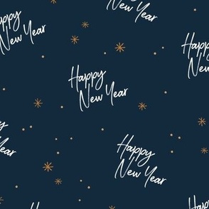 Happy 2024 - Happy New Year celebration modern typography freehand design with stars golden white navy blue