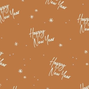Happy 2023 - Happy New Year celebration modern typography freehand design with stars white on cinnamon burnt orange 
