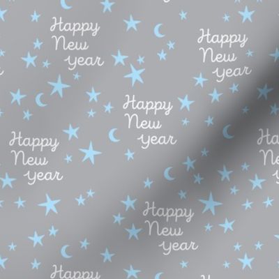 Happy 2024 - Handwritten magical happy new year night kids boho style design gray blue
