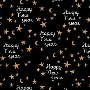 Happy 2023 - Handwritten magical happy new year night kids boho style design golden ochre yellow on black