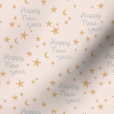Happy 2024 - Handwritten magical happy new year night kids boho style design golden ochre yellow gray on ivory sand