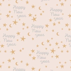 Happy 2023 - Handwritten magical happy new year night kids boho style design golden ochre yellow gray on ivory sand